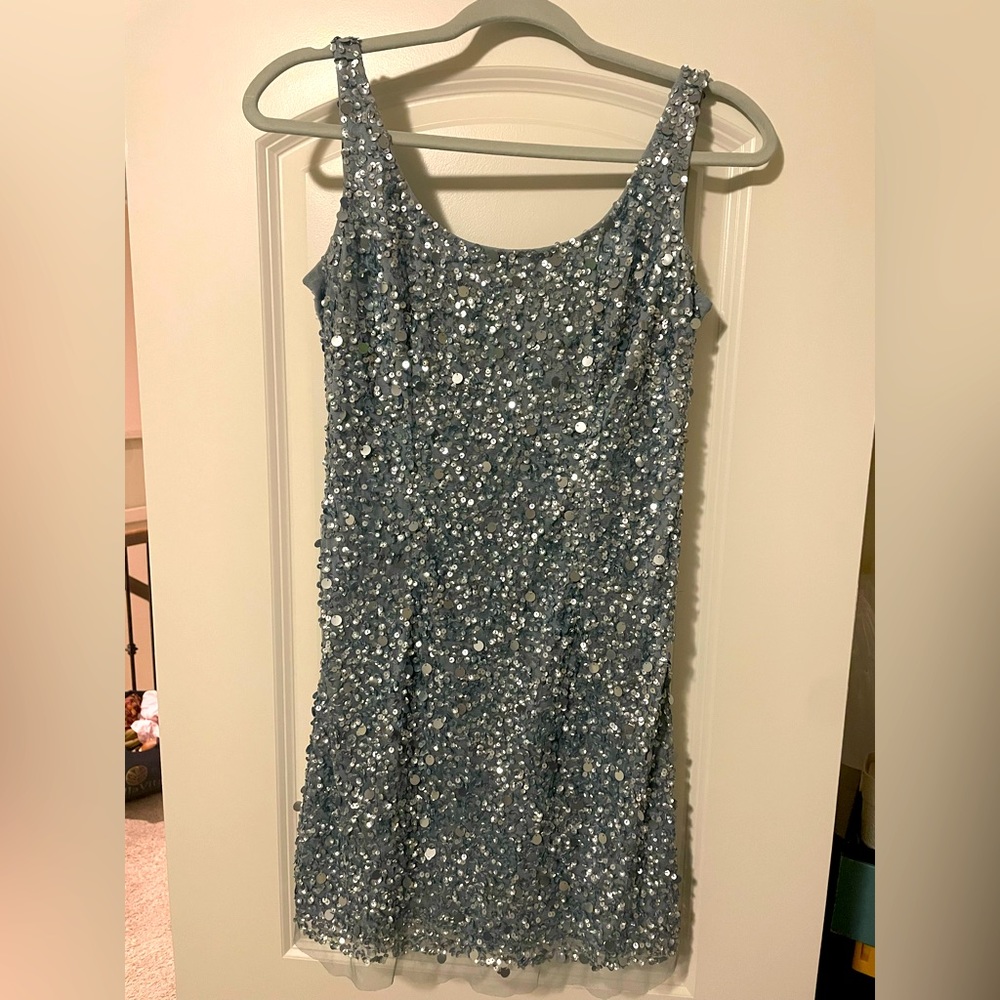Adrianna Papell womens blue sequin dress size 8